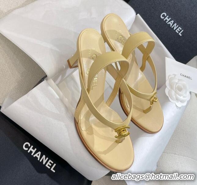 Luxury Discount Chanel Thong Heel Sandals 6cm with CC Studs Beige 325010