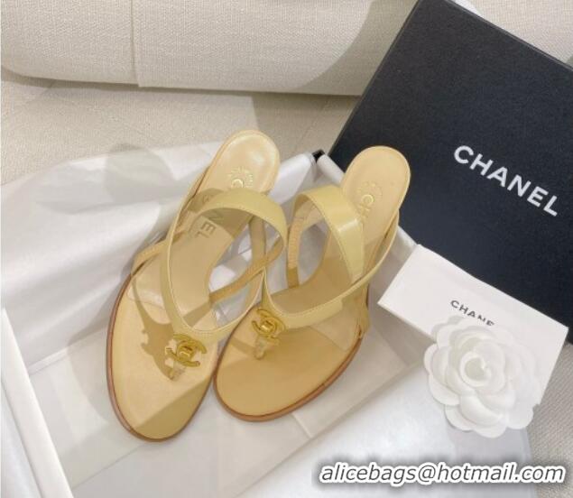 Luxury Discount Chanel Thong Heel Sandals 6cm with CC Studs Beige 325010