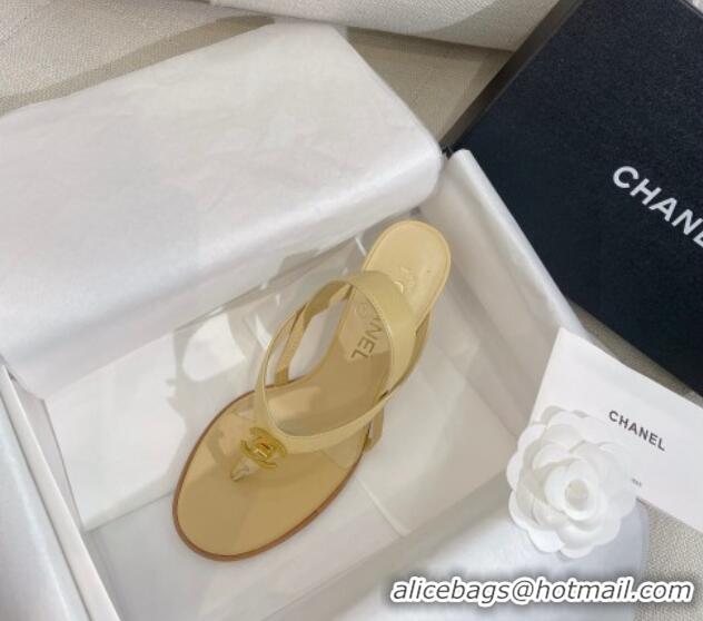 Luxury Discount Chanel Thong Heel Sandals 6cm with CC Studs Beige 325010