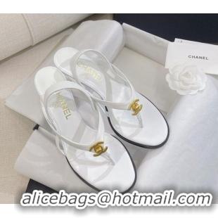 Luxury Chanel Thong Heel Sandals 6cm with CC Studs White 325011