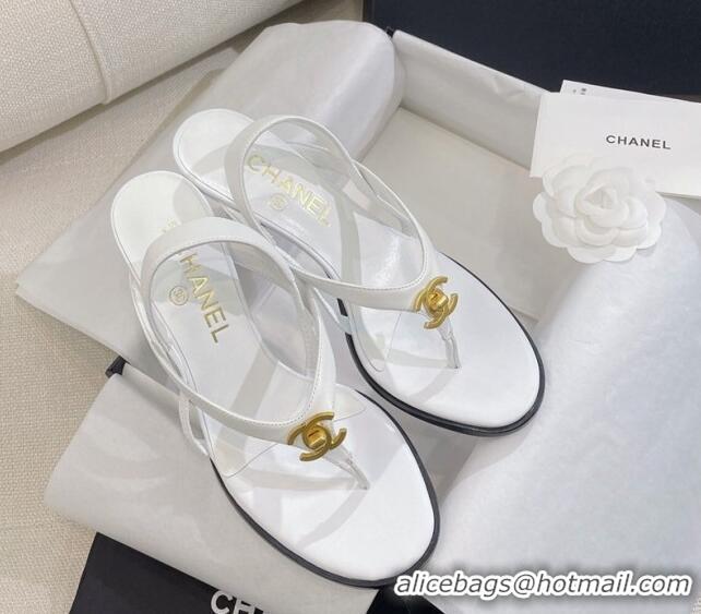 Luxury Chanel Thong Heel Sandals 6cm with CC Studs White 325011