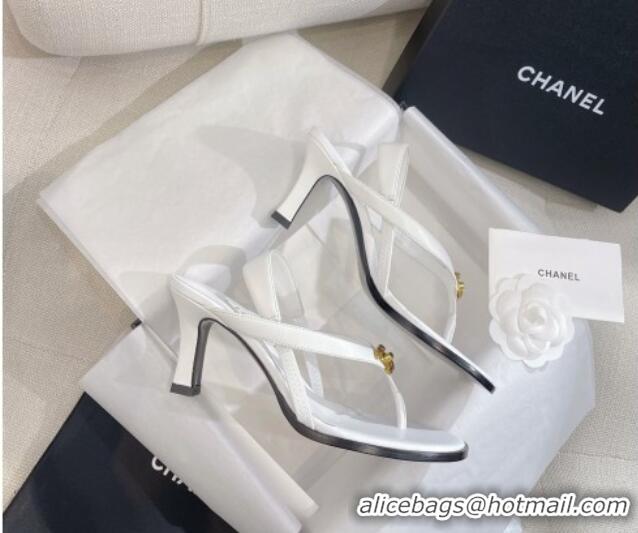 Luxury Chanel Thong Heel Sandals 6cm with CC Studs White 325011