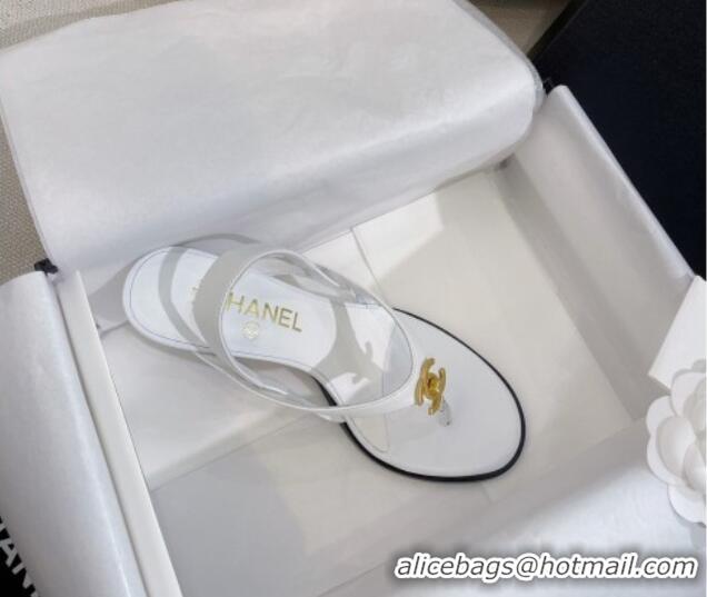 Luxury Chanel Thong Heel Sandals 6cm with CC Studs White 325011