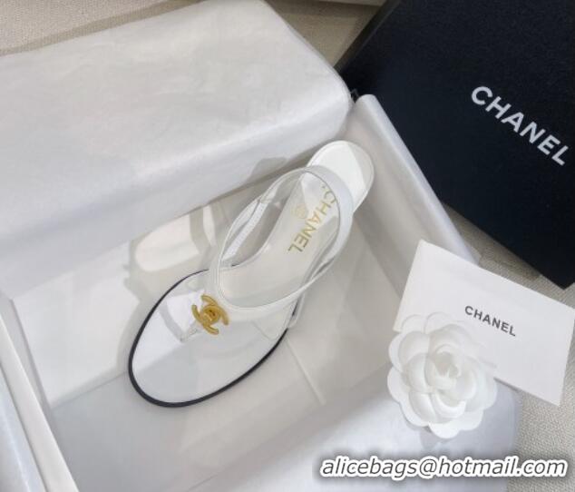 Luxury Chanel Thong Heel Sandals 6cm with CC Studs White 325011