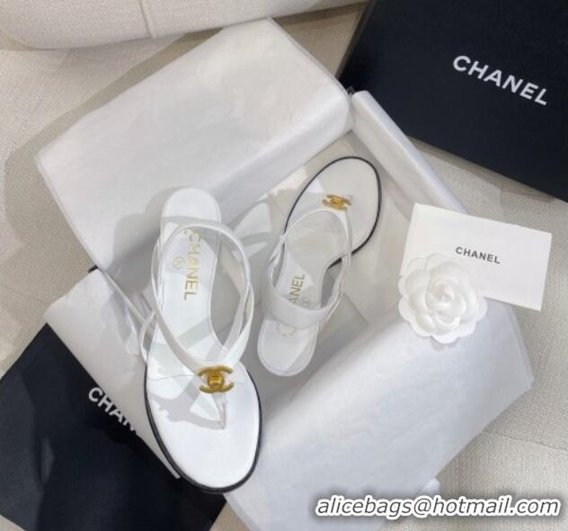 Luxury Chanel Thong Heel Sandals 6cm with CC Studs White 325011