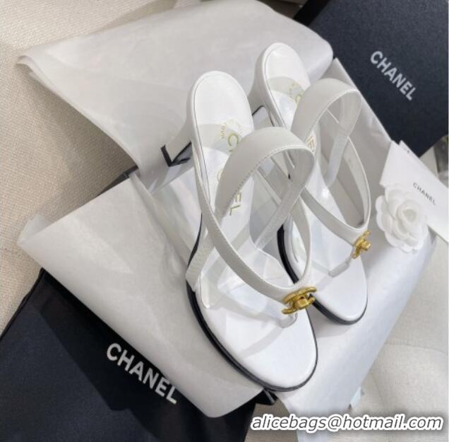 Luxury Chanel Thong Heel Sandals 6cm with CC Studs White 325011