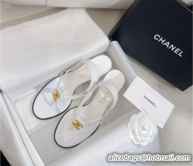 Luxury Chanel Thong Heel Sandals 6cm with CC Studs White 325011