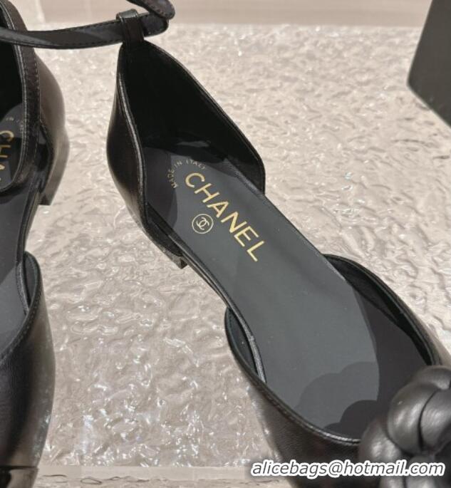 Stylish Chanel Camellia Lambskin Mary Janes Open Shoes Black 325012