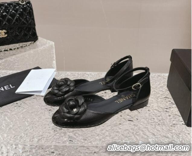 Stylish Chanel Camellia Lambskin Mary Janes Open Shoes Black 325012