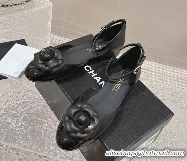 Stylish Chanel Camellia Lambskin Mary Janes Open Shoes Black 325012