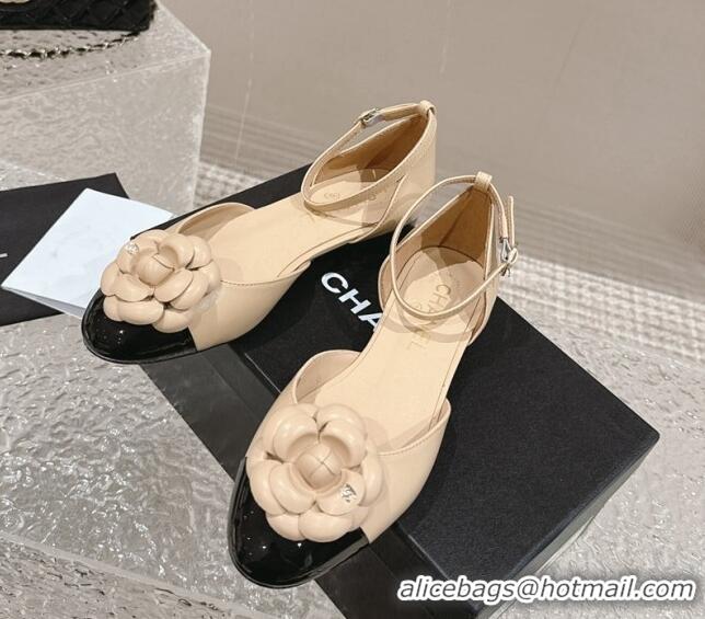 Sumptuous Chanel Camellia Lambskin Mary Janes Open Shoes Beige 325013