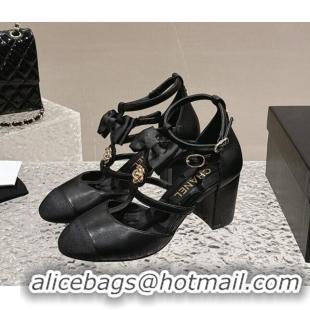 Luxury Chanel Lambskin Mary Janes Pumps with Bow and Camellia Bloom Black 325015