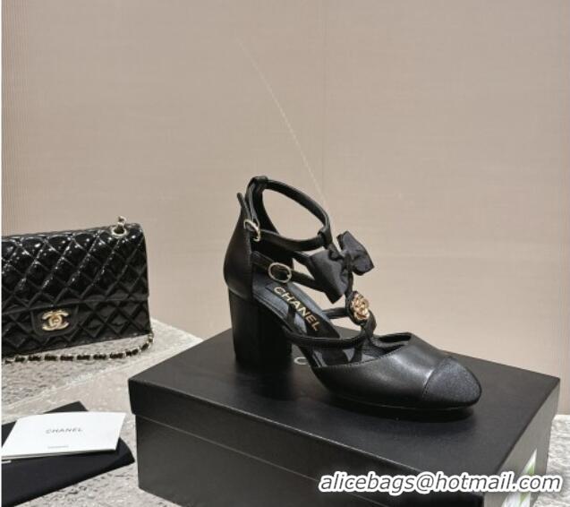 Luxury Chanel Lambskin Mary Janes Pumps with Bow and Camellia Bloom Black 325015