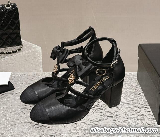 Luxury Chanel Lambskin Mary Janes Pumps with Bow and Camellia Bloom Black 325015