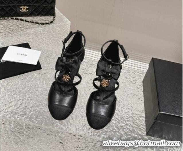 Luxury Chanel Lambskin Mary Janes Pumps with Bow and Camellia Bloom Black 325015