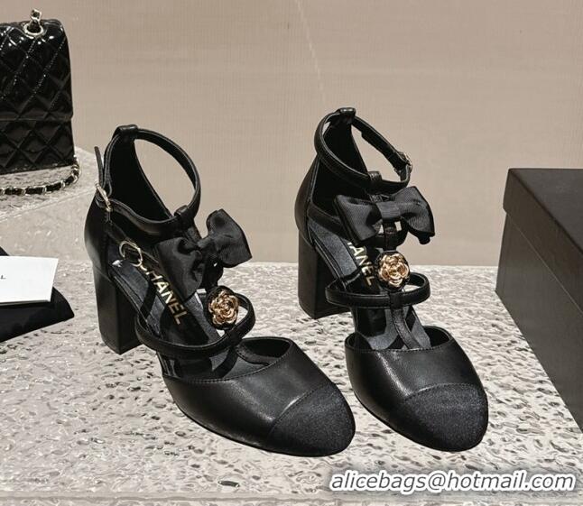 Luxury Chanel Lambskin Mary Janes Pumps with Bow and Camellia Bloom Black 325015