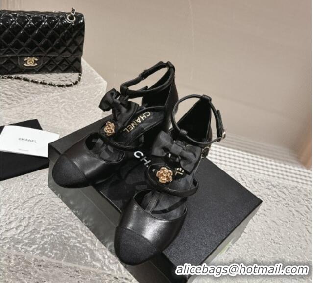 Luxury Chanel Lambskin Mary Janes Pumps with Bow and Camellia Bloom Black 325015