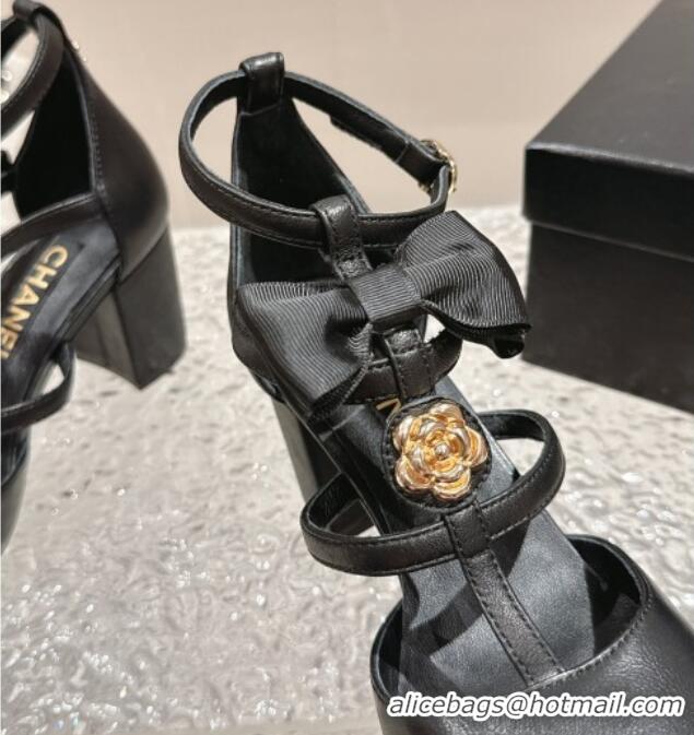 Luxury Chanel Lambskin Mary Janes Pumps with Bow and Camellia Bloom Black 325015