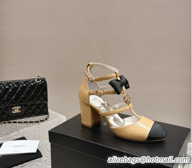 Good Quality Chanel Lambskin Mary Janes Pumps with Bow and Camellia Bloom Beige 325016