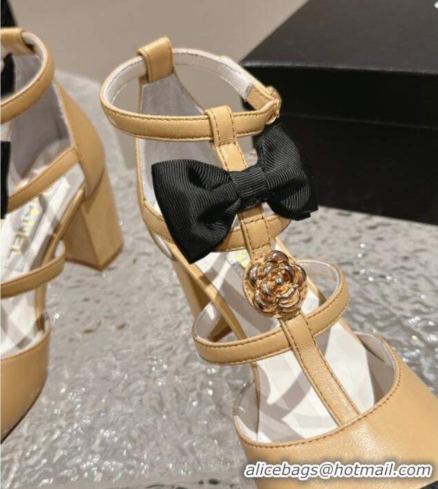 Good Quality Chanel Lambskin Mary Janes Pumps with Bow and Camellia Bloom Beige 325016