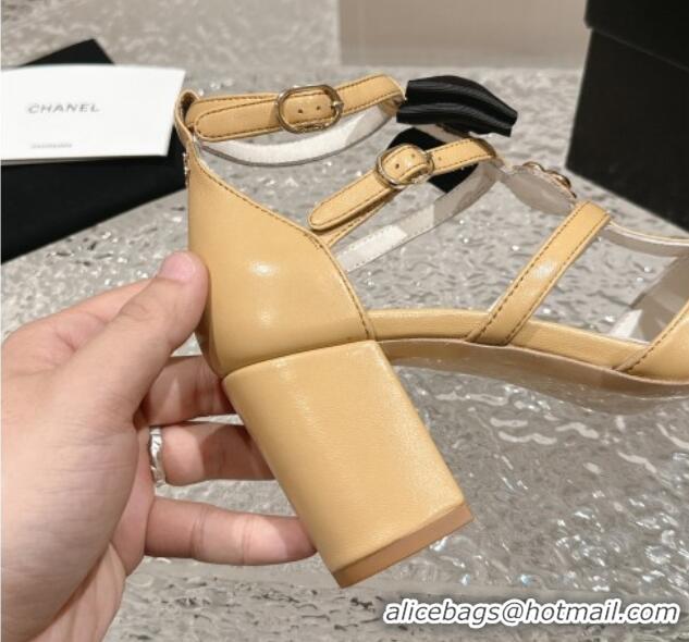 Good Quality Chanel Lambskin Mary Janes Pumps with Bow and Camellia Bloom Beige 325016