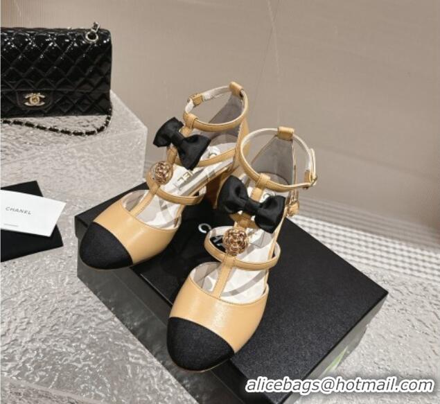 Good Quality Chanel Lambskin Mary Janes Pumps with Bow and Camellia Bloom Beige 325016