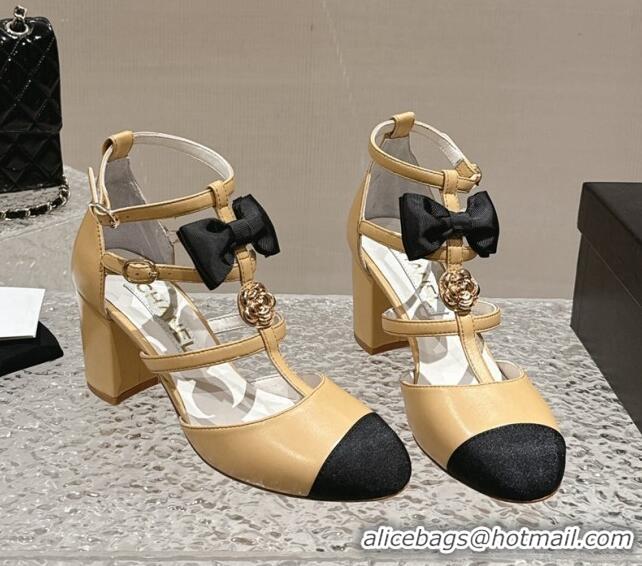 Good Quality Chanel Lambskin Mary Janes Pumps with Bow and Camellia Bloom Beige 325016