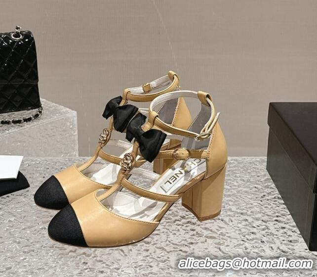 Good Quality Chanel Lambskin Mary Janes Pumps with Bow and Camellia Bloom Beige 325016