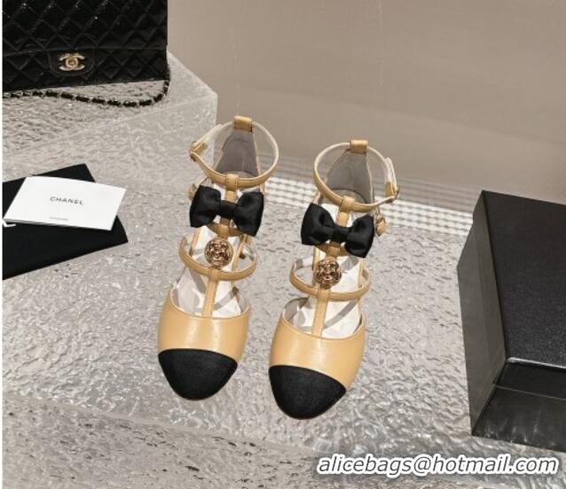 Good Quality Chanel Lambskin Mary Janes Pumps with Bow and Camellia Bloom Beige 325016