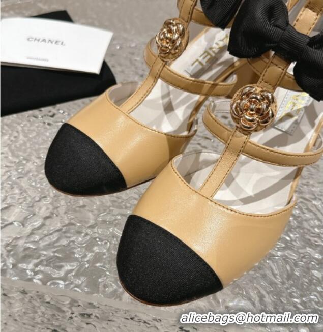 Good Quality Chanel Lambskin Mary Janes Pumps with Bow and Camellia Bloom Beige 325016