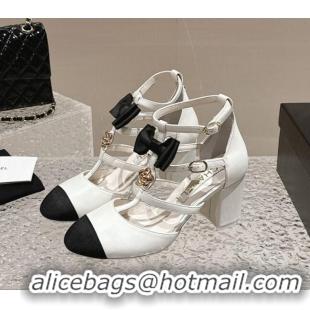 Most Popular Chanel Lambskin Mary Janes Pumps with Bow and Camellia Bloom White 325017