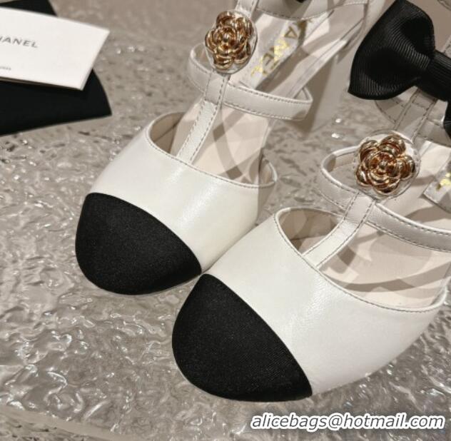 Most Popular Chanel Lambskin Mary Janes Pumps with Bow and Camellia Bloom White 325017