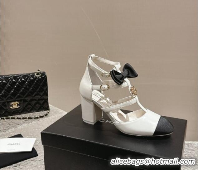 Most Popular Chanel Lambskin Mary Janes Pumps with Bow and Camellia Bloom White 325017