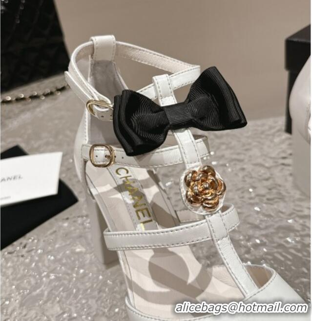 Most Popular Chanel Lambskin Mary Janes Pumps with Bow and Camellia Bloom White 325017