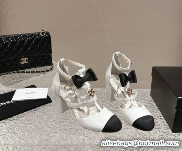 Most Popular Chanel Lambskin Mary Janes Pumps with Bow and Camellia Bloom White 325017