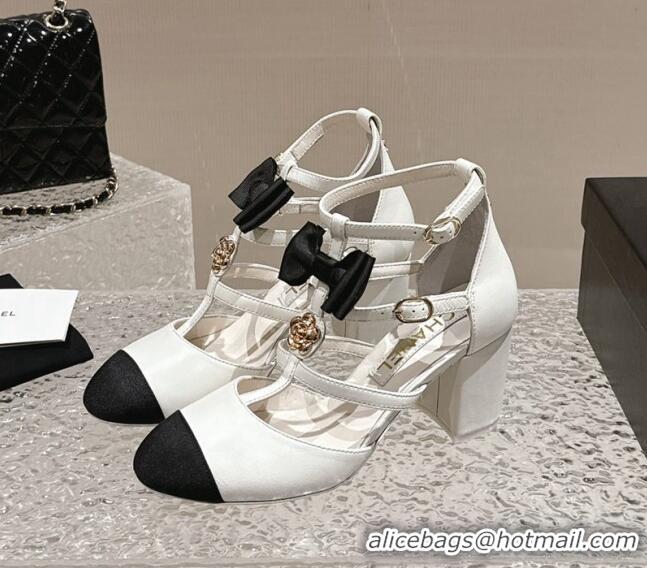 Most Popular Chanel Lambskin Mary Janes Pumps with Bow and Camellia Bloom White 325017