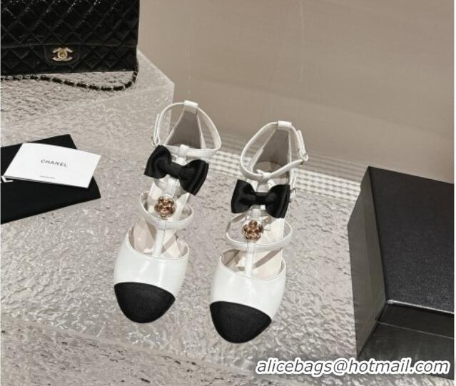 Most Popular Chanel Lambskin Mary Janes Pumps with Bow and Camellia Bloom White 325017