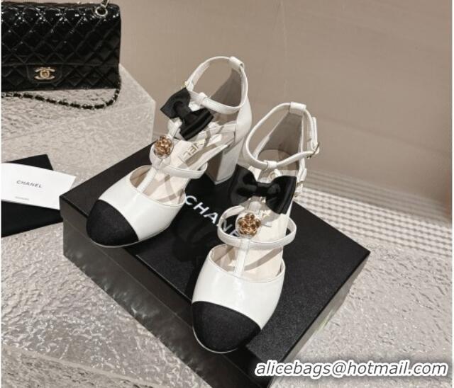 Most Popular Chanel Lambskin Mary Janes Pumps with Bow and Camellia Bloom White 325017