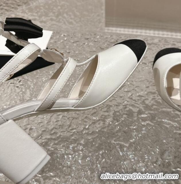 Most Popular Chanel Lambskin Mary Janes Pumps with Bow and Camellia Bloom White 325017