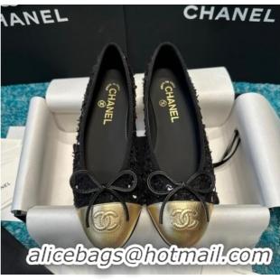 Grade Quality Chanel Classic Tweed Ballet Flat with Sequins Black/Gold 325019