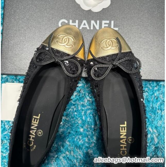 Grade Quality Chanel Classic Tweed Ballet Flat with Sequins Black/Gold 325019