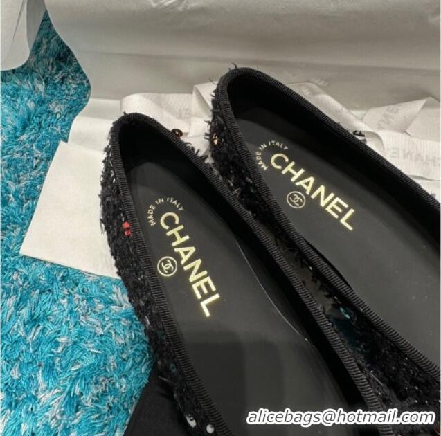 Grade Quality Chanel Classic Tweed Ballet Flat with Sequins Black/Gold 325019