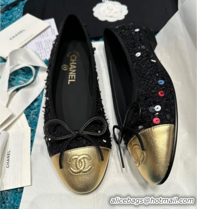 Grade Quality Chanel Classic Tweed Ballet Flat with Sequins Black/Gold 325019