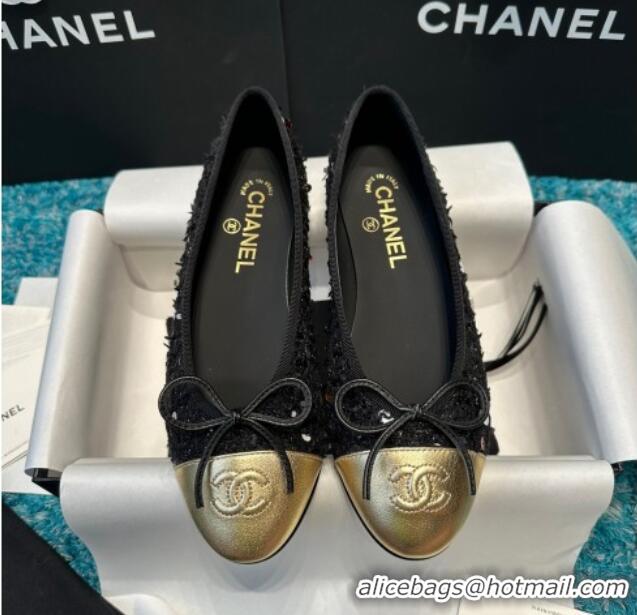 Grade Quality Chanel Classic Tweed Ballet Flat with Sequins Black/Gold 325019