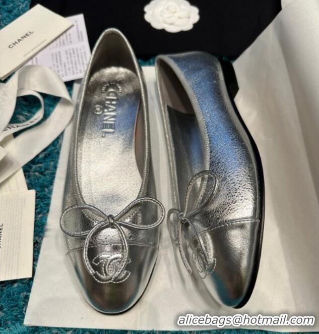 Good Product Chanel Classic Metallic Calfskin Ballet Flat Silver 325026