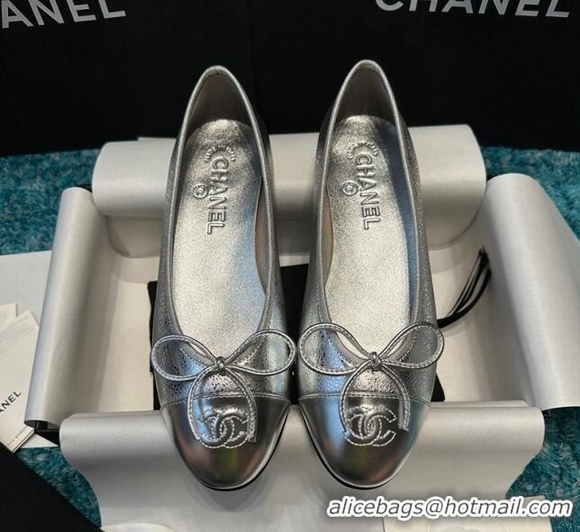 Good Product Chanel Classic Metallic Calfskin Ballet Flat Silver 325026