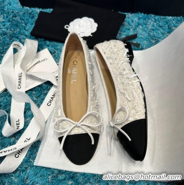 Shop Duplicate Chanel Classic Tweed Ballet Flat White/Black 325047