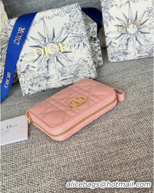 Famous Brand Dior Caro Compact Zipped Wallet in Cannage Lambskin CD0215 Pink 2024