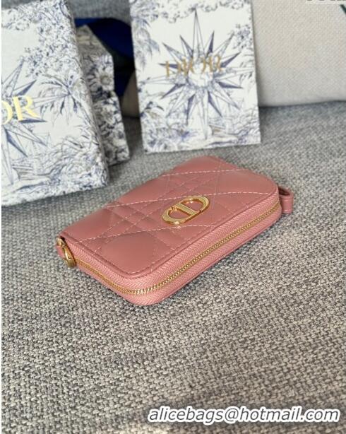 Famous Brand Dior Caro Compact Zipped Wallet in Cannage Calfskin CD0215 Pink 2024