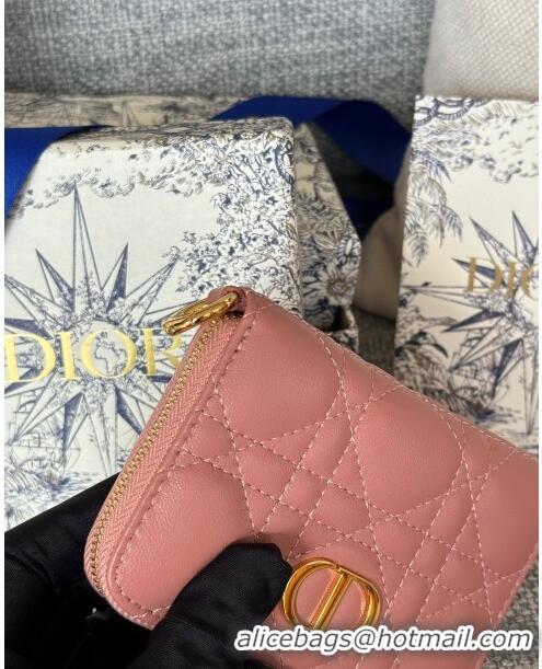 Famous Brand Dior Caro Compact Zipped Wallet in Cannage Calfskin CD0215 Pink 2024